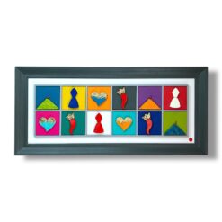 Quadro Allerìa Multi Luxury 55×120: opera artigianale in legno e pietra, colori intensi e simboli moderni. Un pezzo unico per ambienti di carattere.