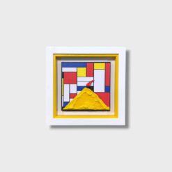 Quadro artigianale Vesuvio e Cornetto Portafortuna su sfondo stile Piet Mondrian. Scultura in legno e pietra 20x20 cm fatta a mano. Acquista su Alleria!