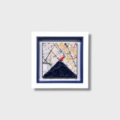 Quadro artigianale Vesuvio e Cornetto Portafortuna su sfondo stile Jackson Pollock. Scultura in legno e pietra 20x20 cm fatta a mano. Acquista su Alleria!