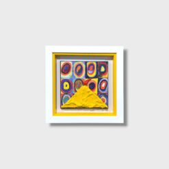 Quadro artigianale Vesuvio e Cornetto Portafortuna su sfondo stile Wassily Kandinsky. Scultura in legno e pietra 20x20 cm fatta a mano. Acquista su Alleria!