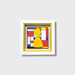 Quadro artigianale San Gennaro su sfondo stile Piet Mondrian. Scultura in legno e pietra 20x20 cm fatta a mano nel laboratorio. Acquista su Alleria!