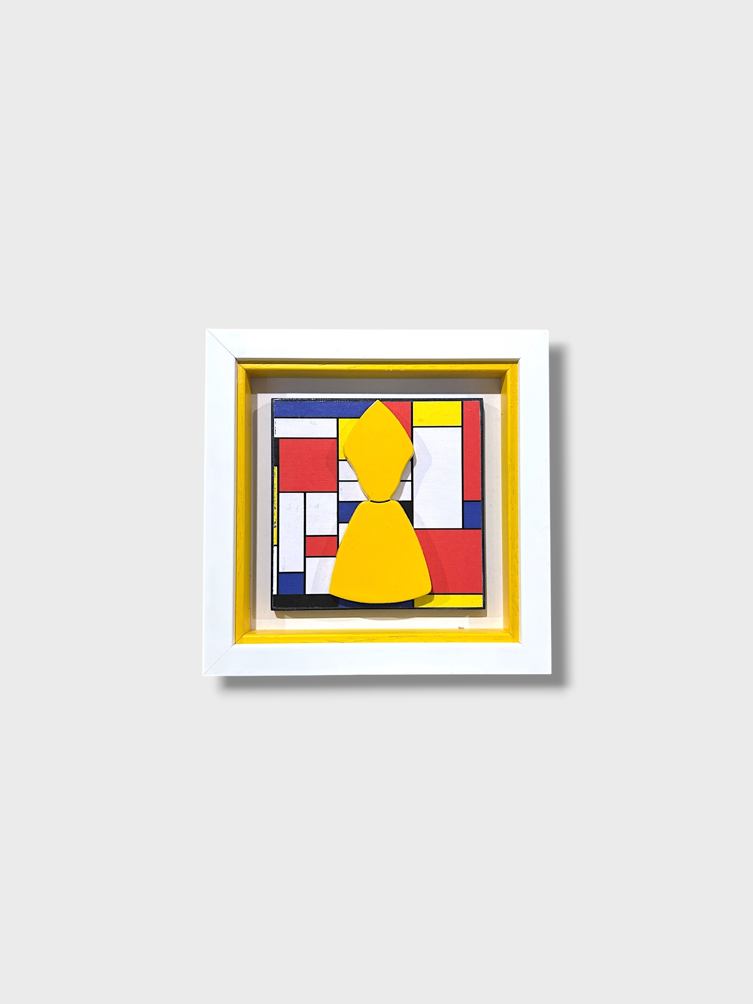 Quadro artigianale San Gennaro su sfondo stile Piet Mondrian. Scultura in legno e pietra 20x20 cm fatta a mano nel laboratorio. Acquista su Alleria!