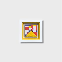 Quadro artigianale Vesuvio e Cornetto Portafortuna su sfondo stile Piet Mondrian. Scultura in legno e pietra 14x14 cm fatta a mano. Acquista su Alleria!