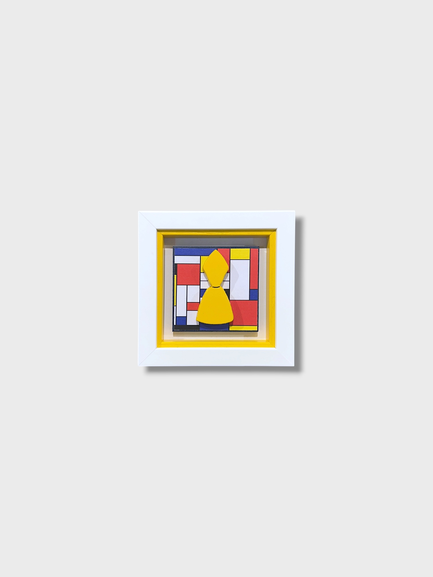 Quadro artigianale San Gennaro su sfondo stile Piet Mondrian. Scultura in legno e pietra 14x14 cm fatta a mano nel nostro laboratorio. Acquista su Alleria!